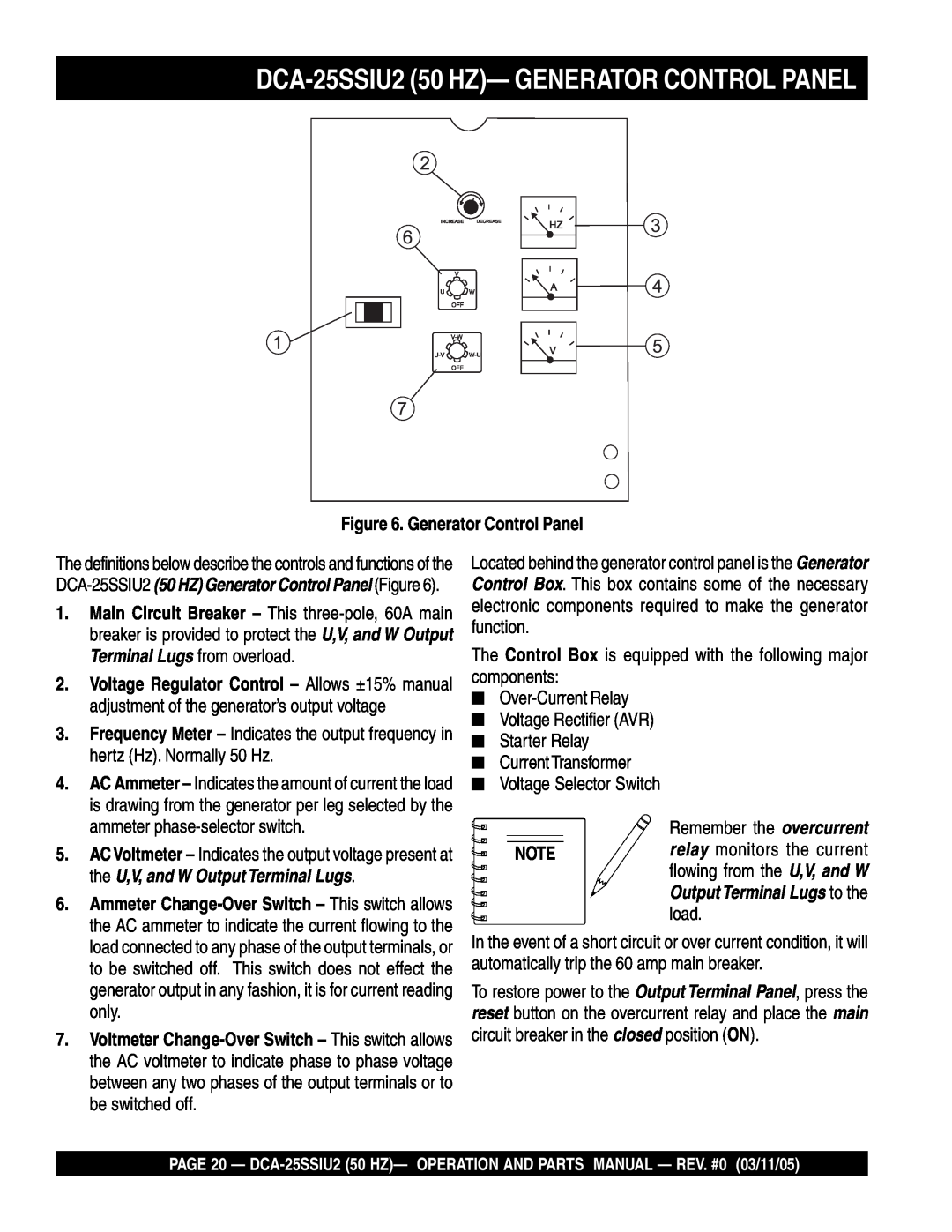 Multiquip operation manual DCA-25SSIU2 50 HZ- GENERATOR CONTROL PANEL, Generator Control Panel 