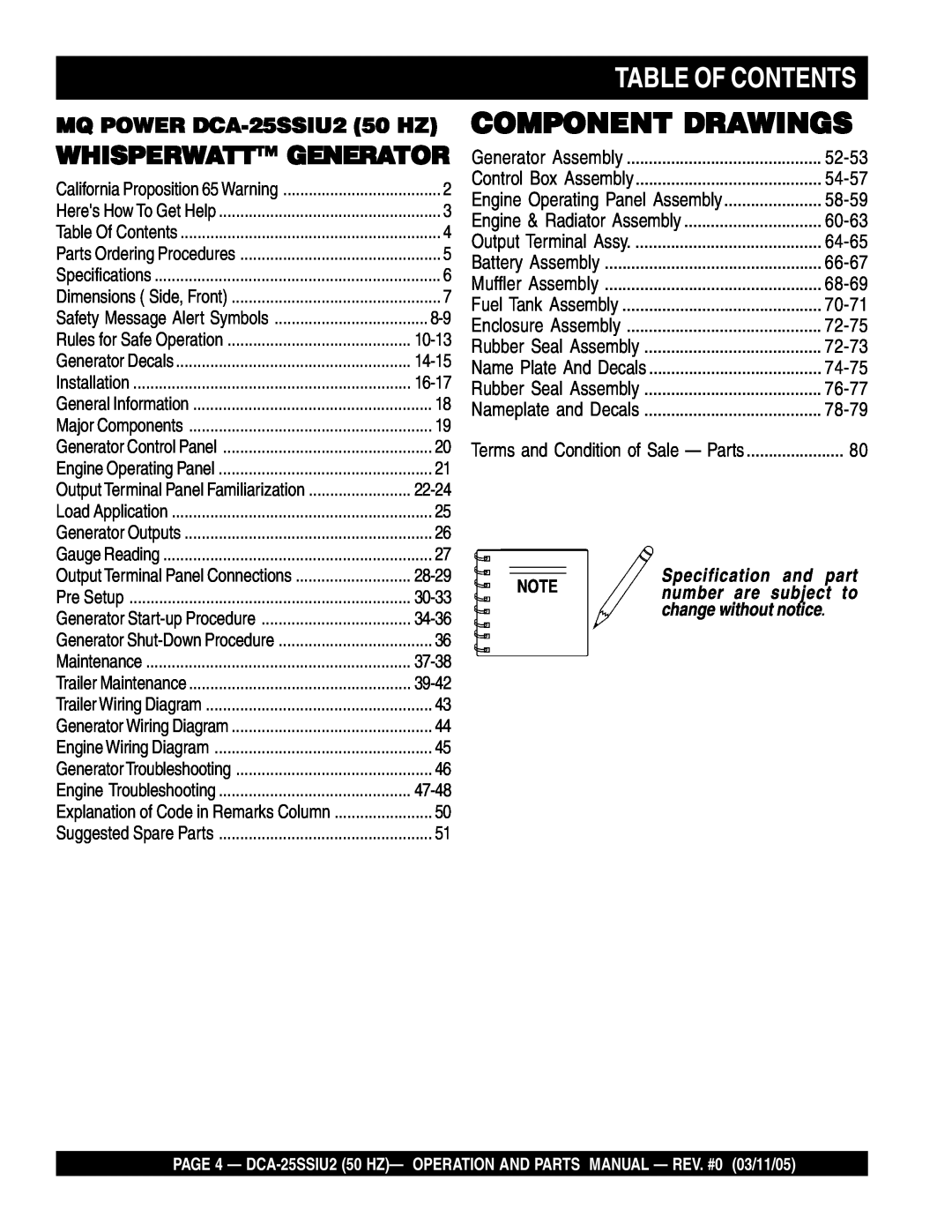 Multiquip DCA-25SSIU2 operation manual Table Of Contents, Whisperwatt Generator, Specification and part, Component Drawings 