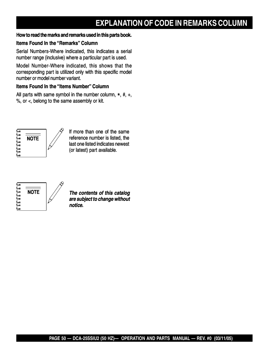 Multiquip DCA-25SSIU2 Explanation Of Code In Remarks Column, How to read the marks and remarks used in this parts book 