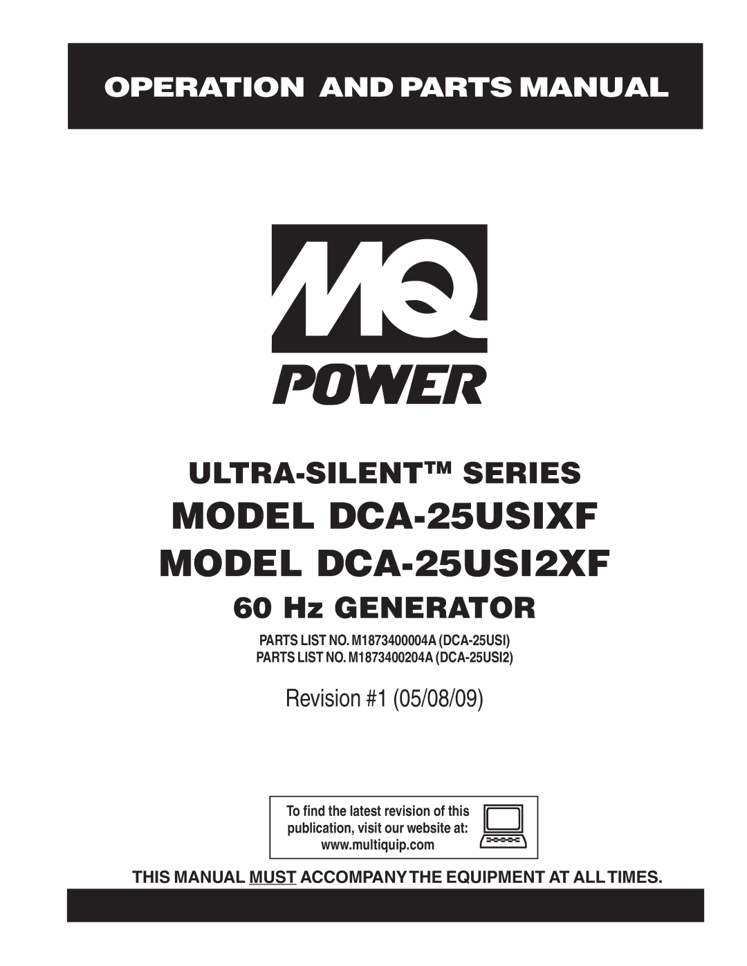 Multiquip operation manual Model DCA-25USIXF Model DCA-25USI2XF 