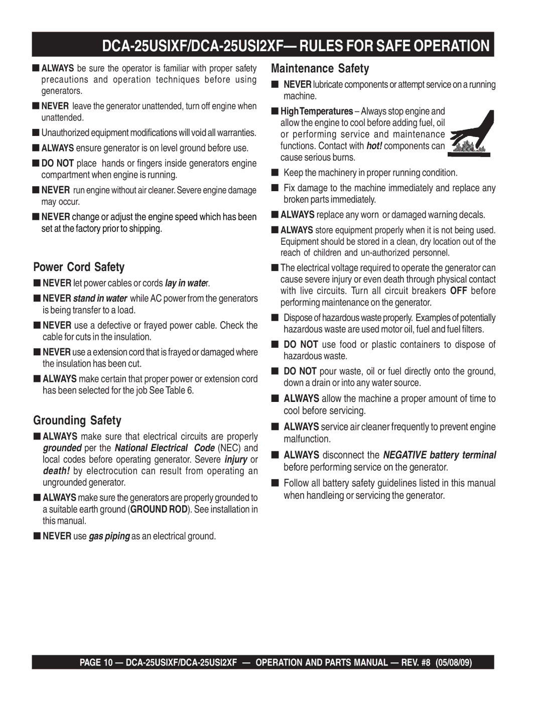 Multiquip operation manual DCA-25USIXF/DCA-25USI2XF- Rules for Safe Operation, Maintenance Safety 