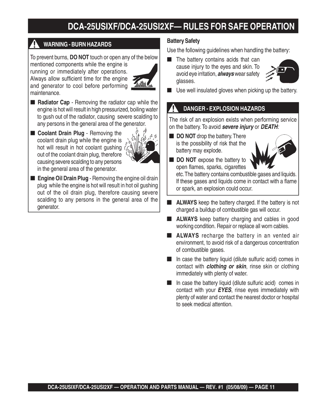 Multiquip DCA-25USI2XF, DCA-25USIXF operation manual Battery Safety, Use well insulated gloves when picking up the battery 