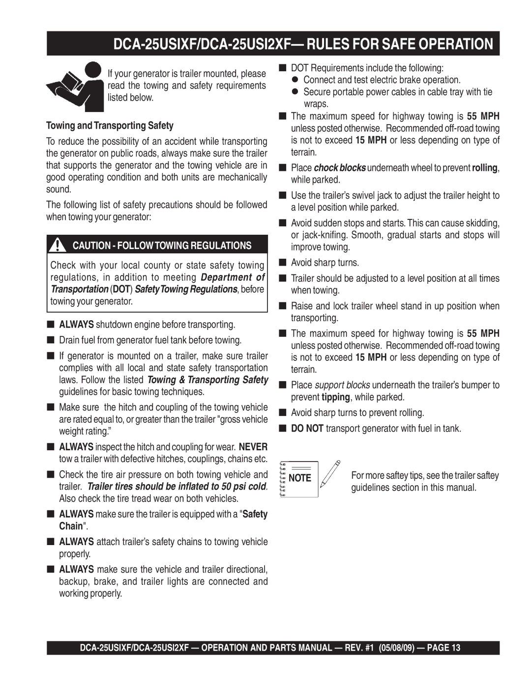 Multiquip DCA-25USI2XF, DCA-25USIXF operation manual Towing and Transporting Safety, Guidelines section in this manual 