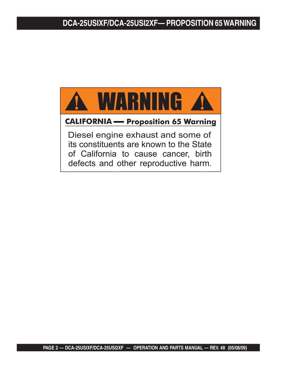 Multiquip operation manual Diesel engine exhaust and some, DCA-25USIXF/DCA-25USI2XF- Proposition 65WARNING 