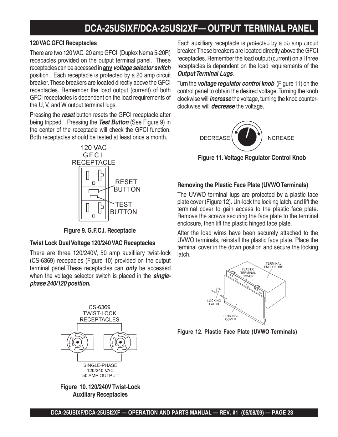 Multiquip operation manual DCA-25USIXF/DCA-25USI2XF- Output Terminal Panel, 120VAC Gfci Receptacles 