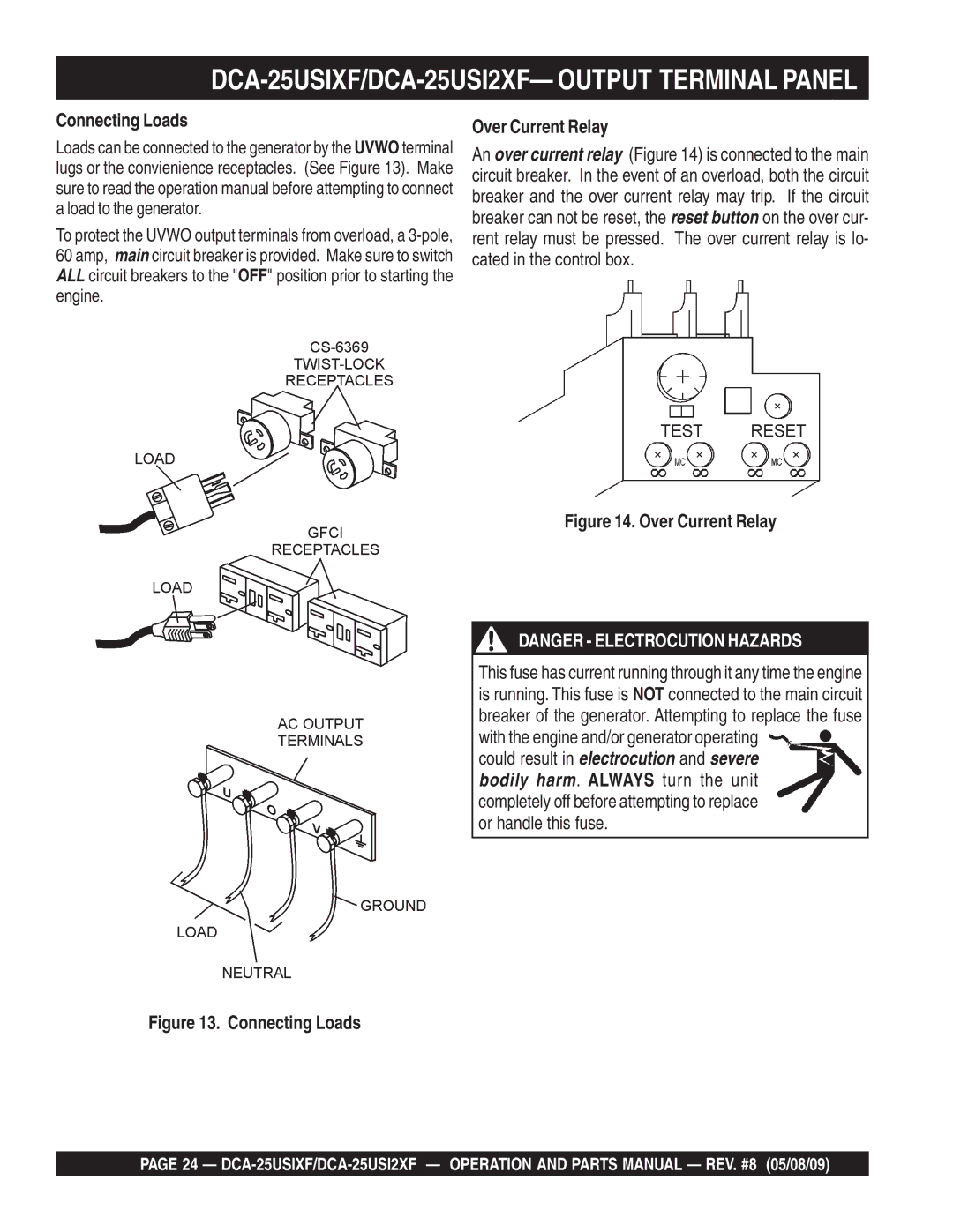 Multiquip DCA-25USIXF, DCA-25USI2XF operation manual Connecting Loads, Over Current Relay 