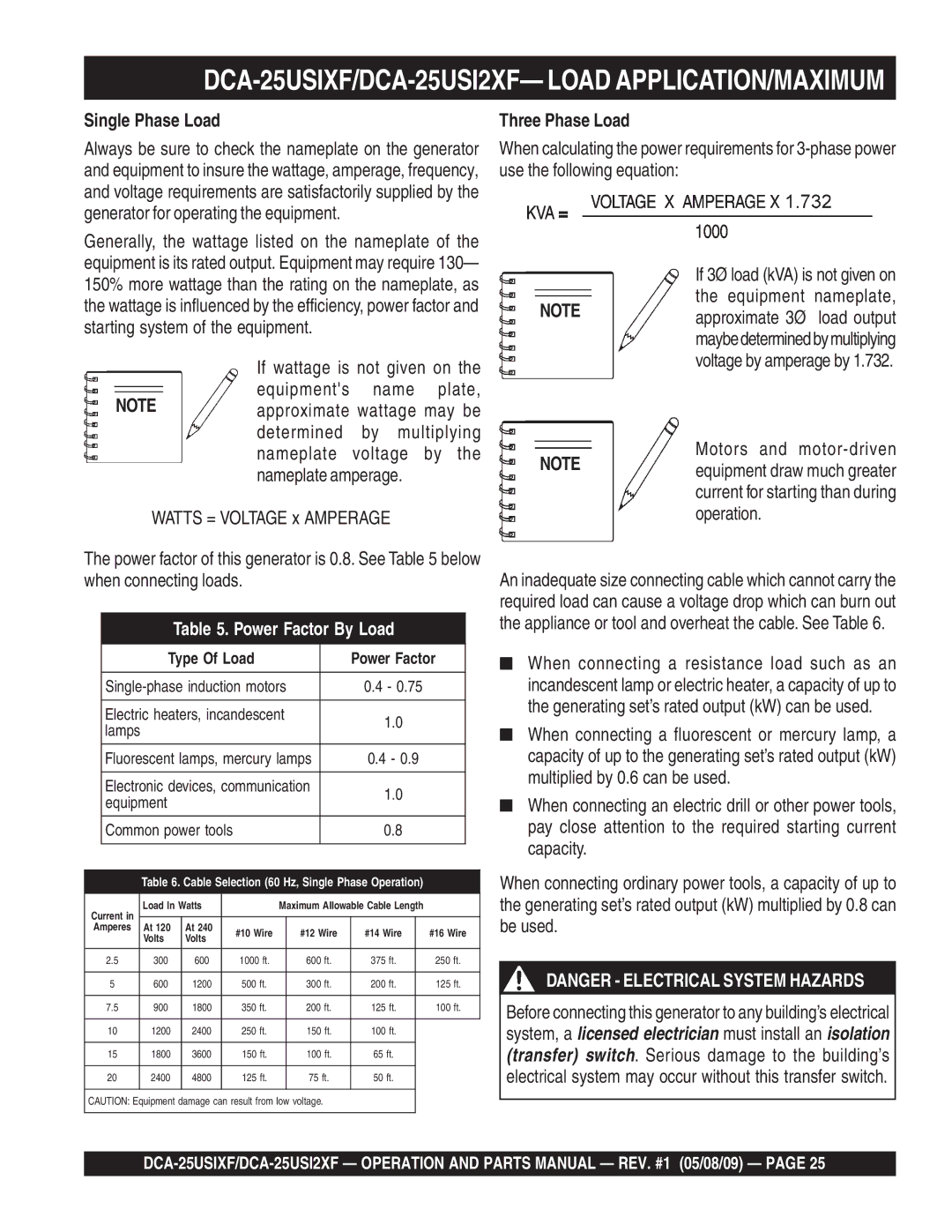 Multiquip operation manual DCA-25USIXF/DCA-25USI2XF- Load APPLICATION/MAXIMUM, Single Phase Load, Three Phase Load 