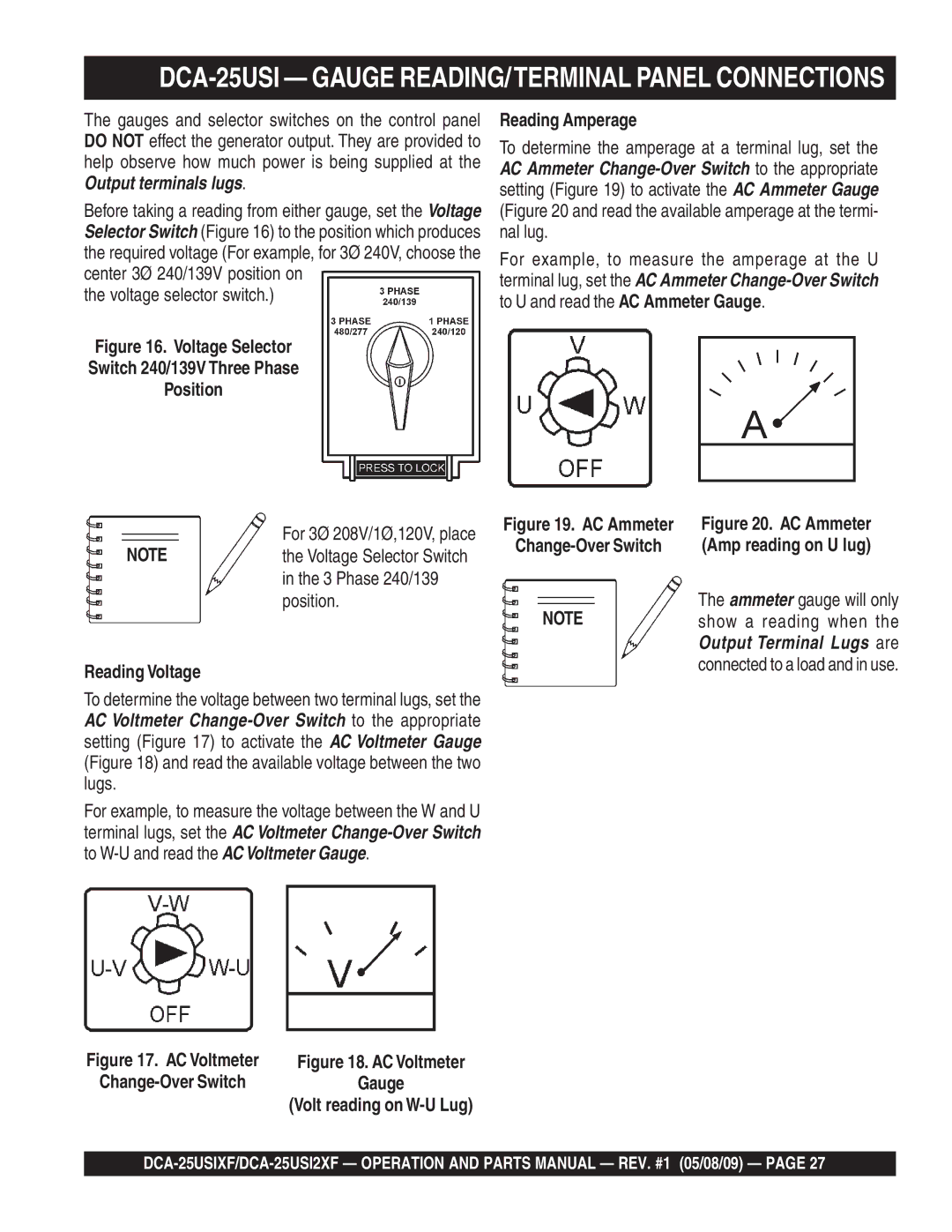 Multiquip DCA-25USI2XF DCA-25USI Gauge READING/TERMINAL Panel Connections, Voltage selector switch, Reading Voltage 