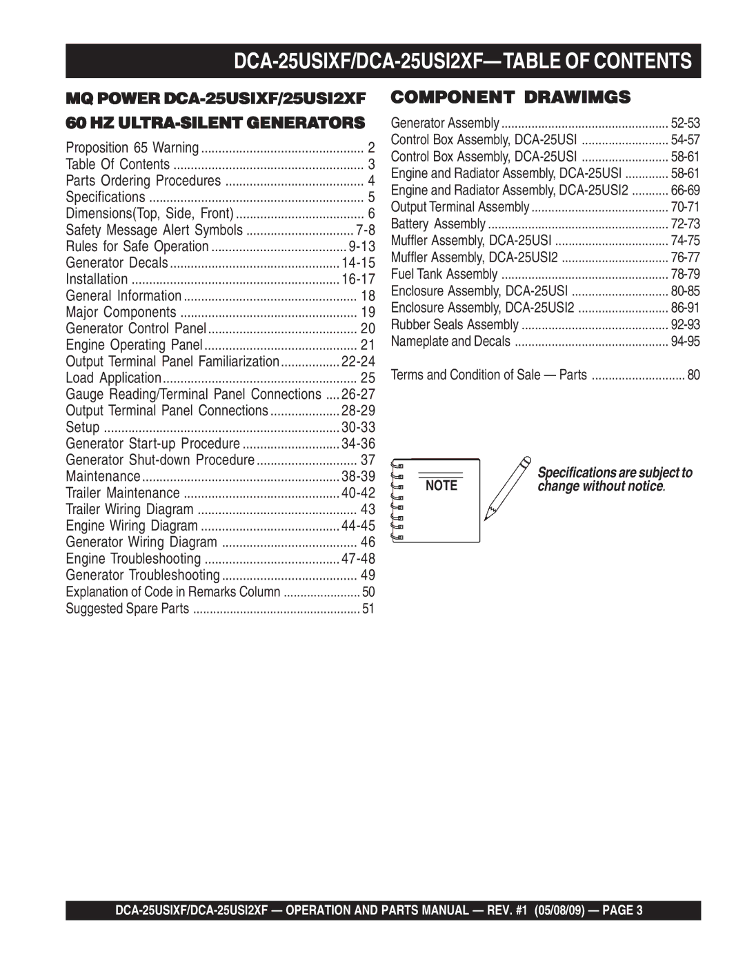 Multiquip operation manual DCA-25USIXF/DCA-25USI2XF-TABLE of Contents 