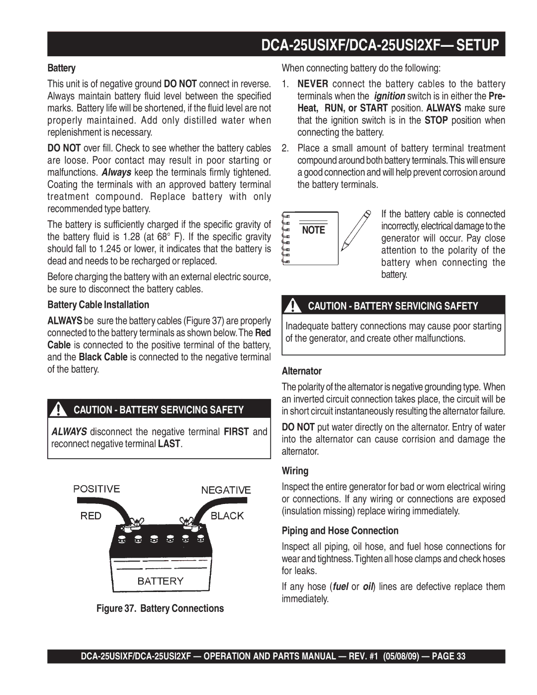 Multiquip DCA-25USI2XF, DCA-25USIXF Battery Cable Installation, Alternator, Wiring, Piping and Hose Connection 