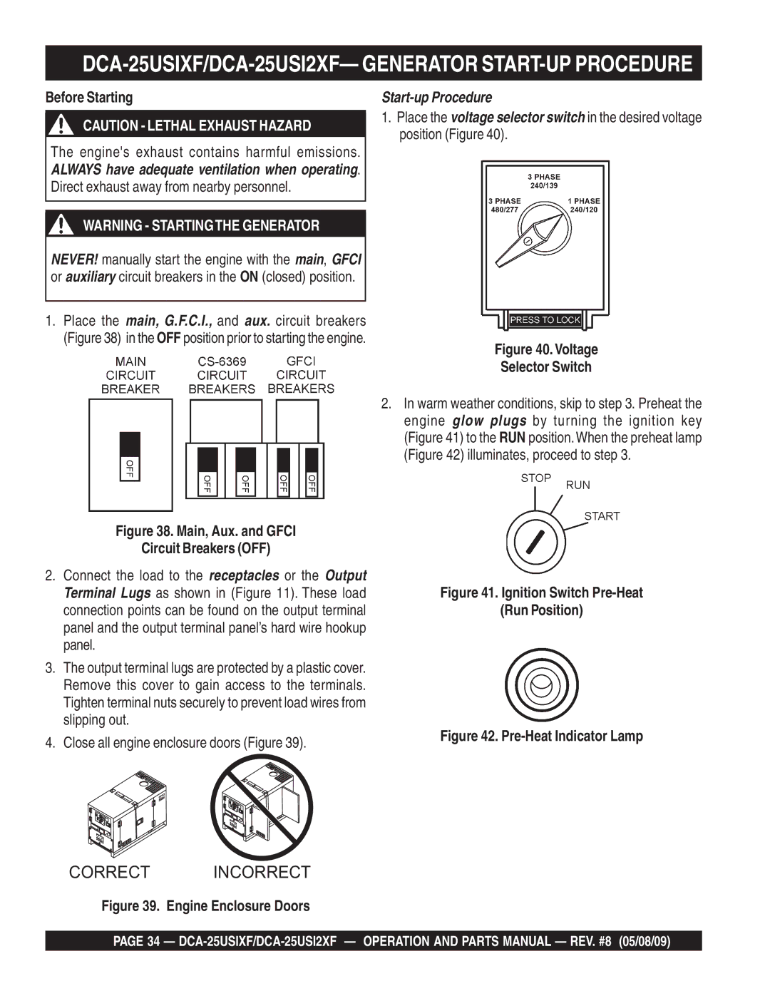 Multiquip operation manual DCA-25USIXF/DCA-25USI2XF- Generator START-UP Procedure, Before Starting 