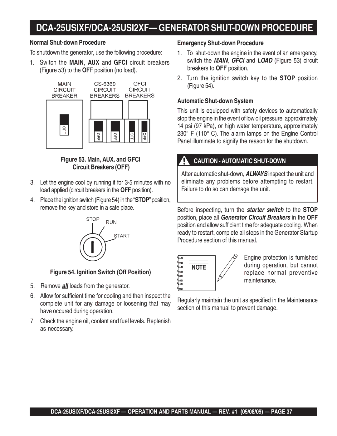 Multiquip operation manual DCA-25USIXF/DCA-25USI2XF- Generator SHUT-DOWN Procedure, Normal Shut-down Procedure 