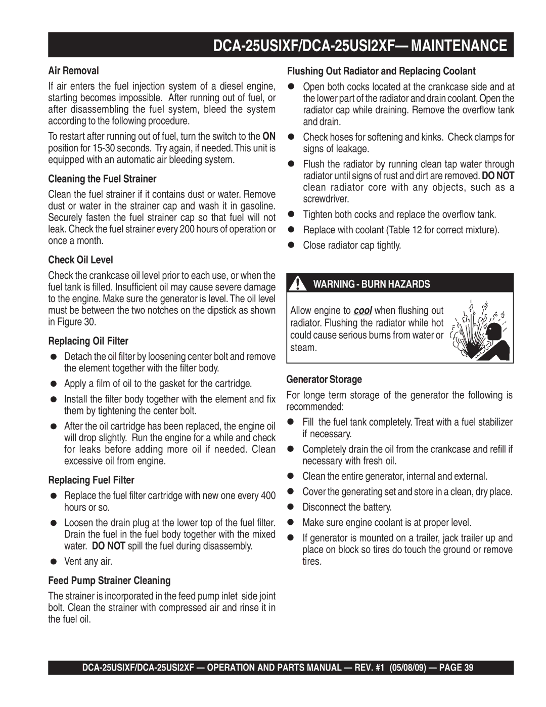 Multiquip operation manual DCA-25USIXF/DCA-25USI2XF- Maintenance 