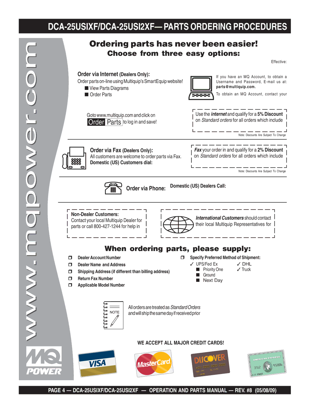 Multiquip operation manual DCA-25USIXF/DCA-25USI2XF- Parts Ordering Procedures, Ordering parts has never been easier 