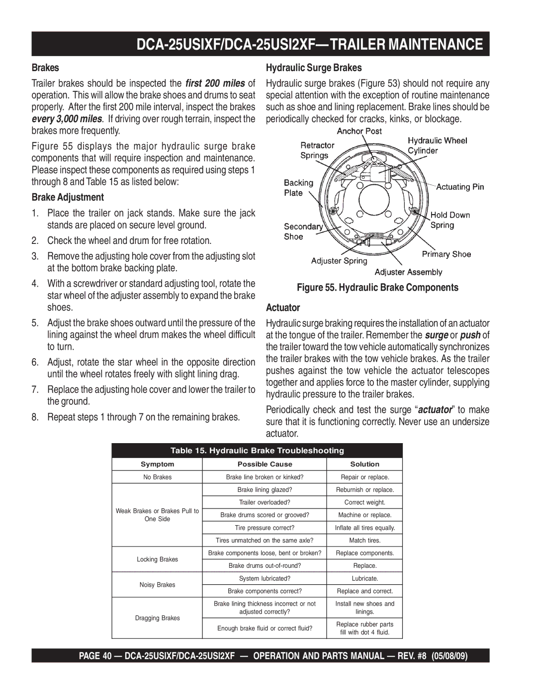 Multiquip operation manual DCA-25USIXF/DCA-25USI2XF-TRAILER Maintenance, Brake Adjustment, Hydraulic Surge Brakes 