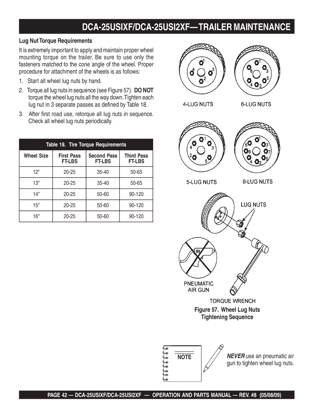 Multiquip DCA-25USIXF/DCA-25USI2XF-TRAILER Maintenance, Lug Nut Torque Requirements, Start all wheel lug nuts by hand 