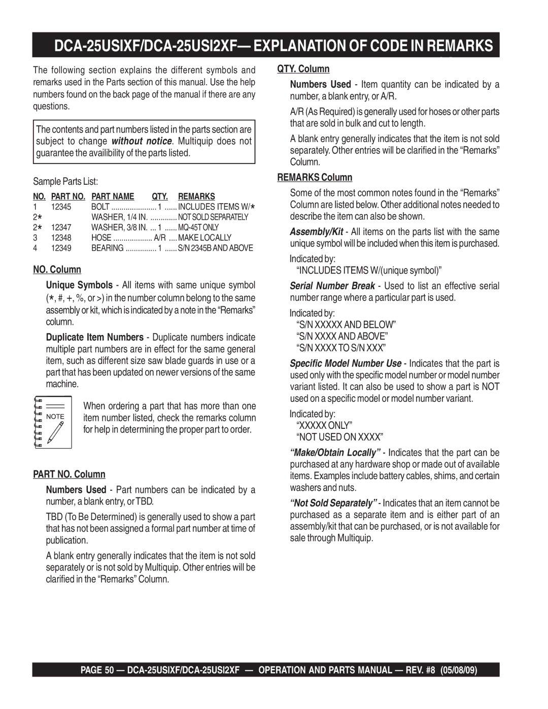 Multiquip operation manual DCA-25USIXF/DCA-25USI2XF- Explanation of Code in Remarks, Sample Parts List 