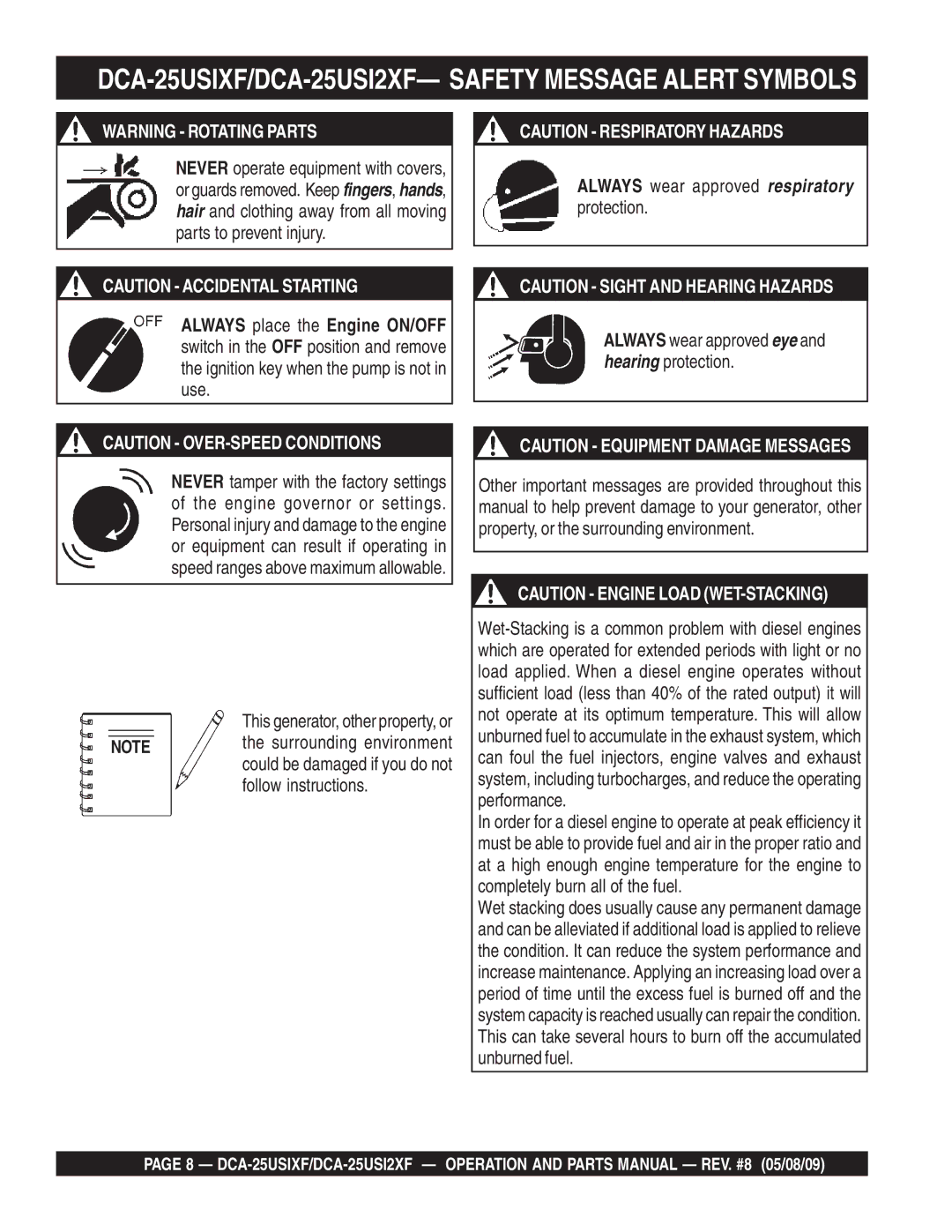 Multiquip operation manual DCA-25USIXF/DCA-25USI2XF- Safety Message Alert Symbols 