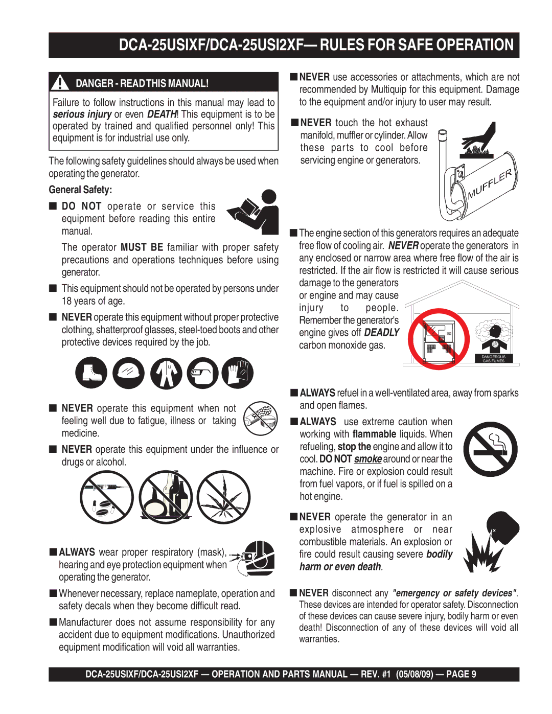 Multiquip DCA-25USIXF/DCA-25USI2XF- Rules for Safe Operation, General Safety, Injury People, Carbon monoxide gas 