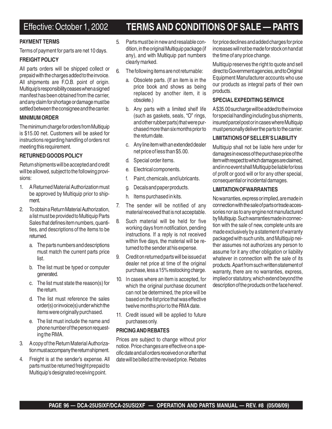 Multiquip DCA-25USIXF, DCA-25USI2XF operation manual Terms and Conditions of Sale Parts, Freightpolicy 