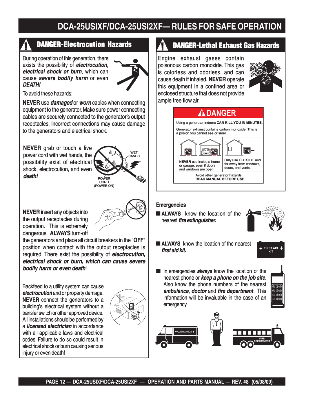 Multiquip DCA-25USIXF DANGER-Electrocution Hazards, DANGER-Lethal Exhaust Gas Hazards, Danger, Death, Emergencies 