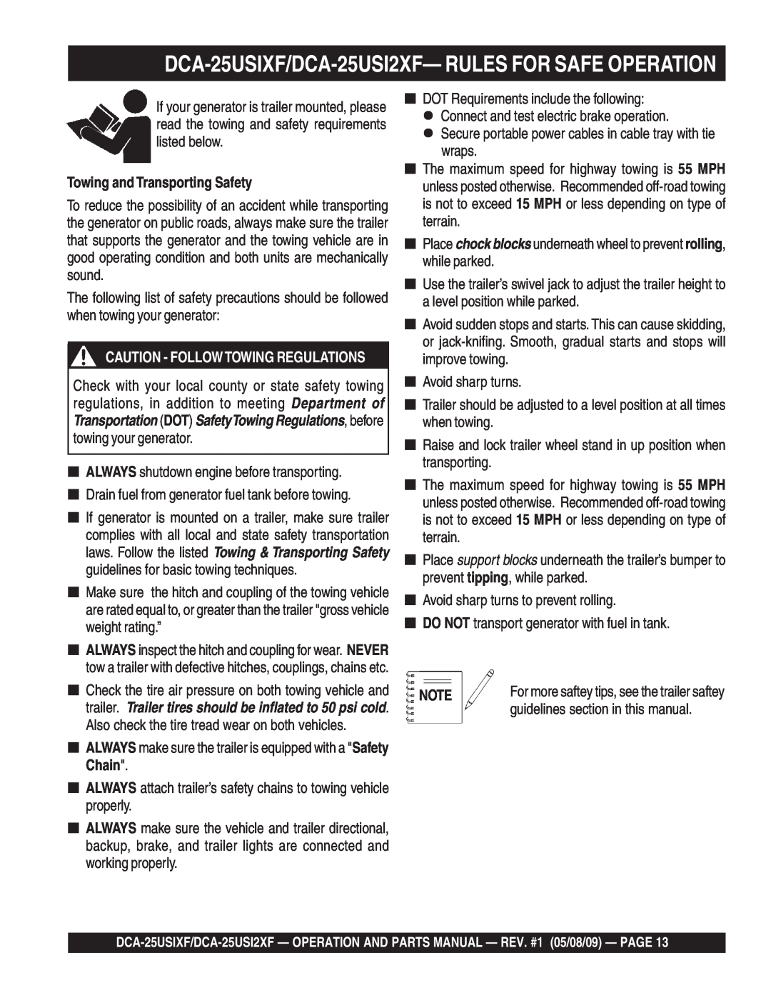 Multiquip operation manual Towing and Transporting Safety, DCA-25USIXF/DCA-25USI2XF- RULES FOR SAFE OPERATION 