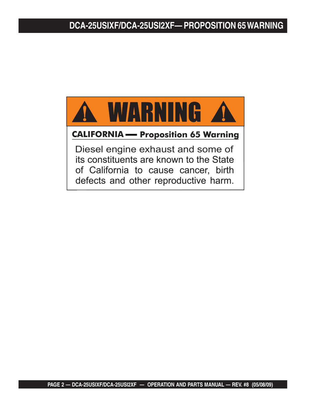 Multiquip operation manual DCA-25USIXF/DCA-25USI2XF- PROPOSITION 65WARNING, Diesel engine exhaust and some of 