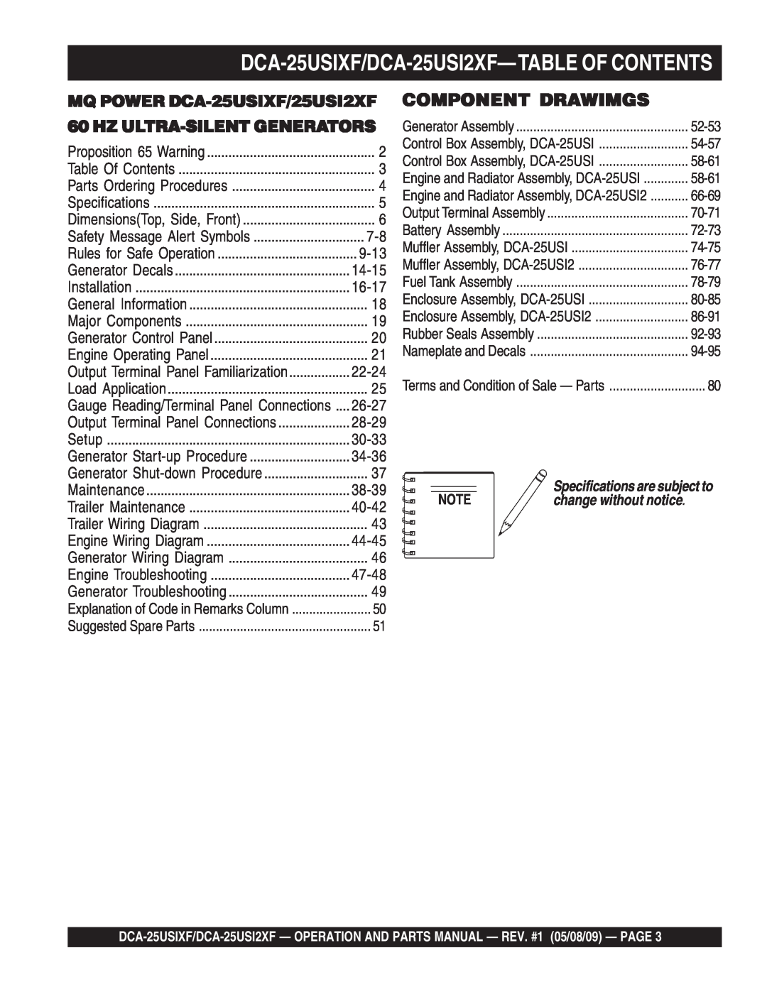 Multiquip operation manual DCA-25USIXF/DCA-25USI2XF-TABLE OF CONTENTS, Component Drawimgs, 9-13, change without notice 