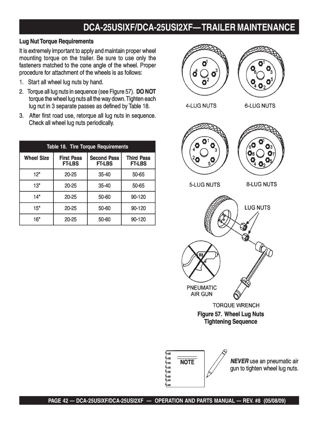 Multiquip DCA-25USIXF/DCA-25USI2XF-TRAILER MAINTENANCE, Lug Nut Torque Requirements, Wheel Lug Nuts Tightening Sequence 