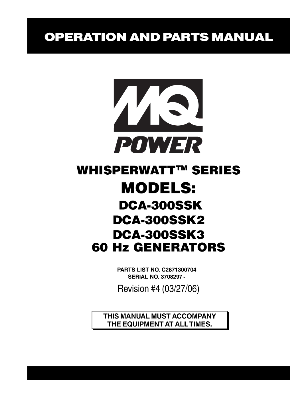 Multiquip DCA-300SSK manual Models 