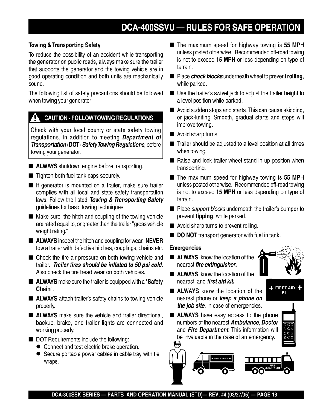 Multiquip DCA-300SSK manual DCA-400SSVU Rules for Safe Operation, Towing & Transporting Safety, Emergencies 