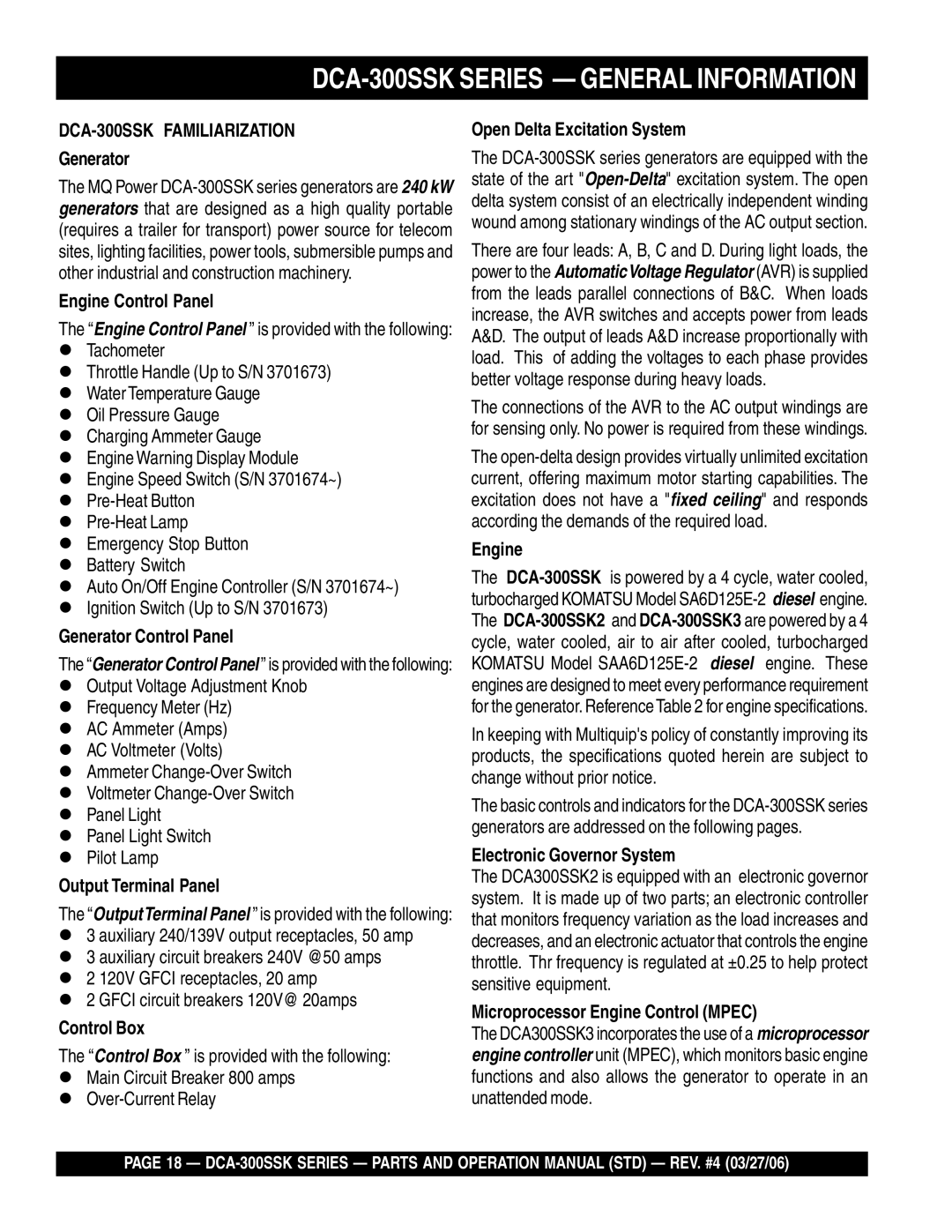 Multiquip DCA-300SSK manual Engine Control Panel, Generator Control Panel, Output Terminal Panel, Control Box 