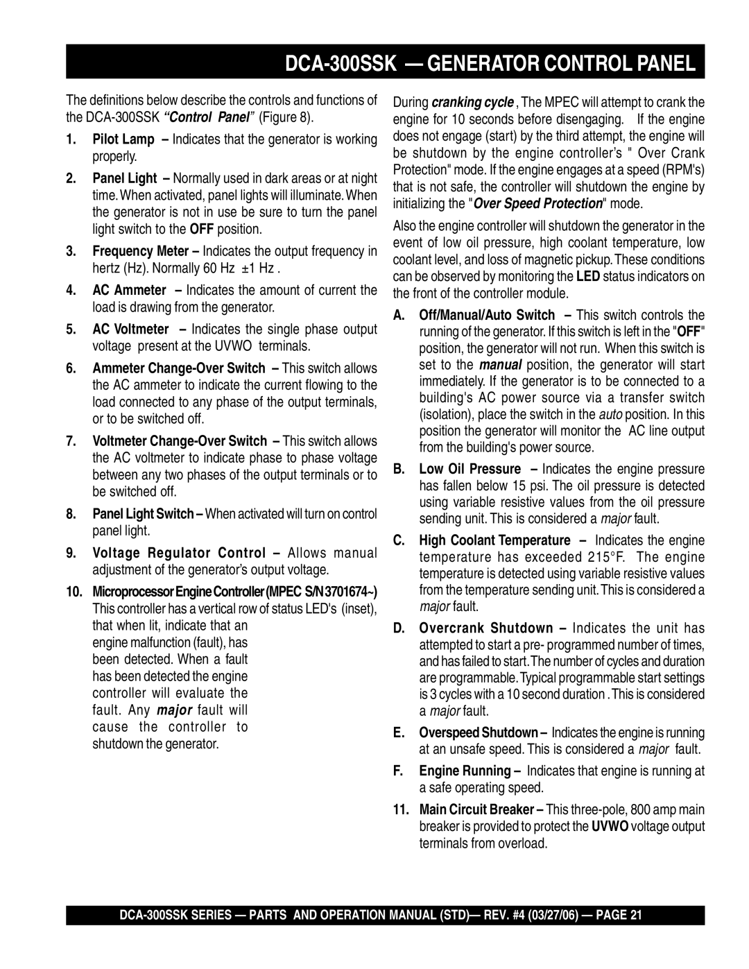 Multiquip manual DCA-300SSK Generator Control Panel, Pilot Lamp Indicates that the generator is working properly 