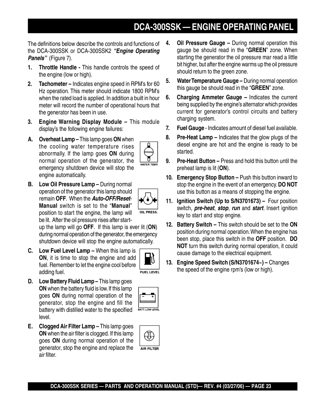 Multiquip manual DCA-300SSK Engine Operating Panel 