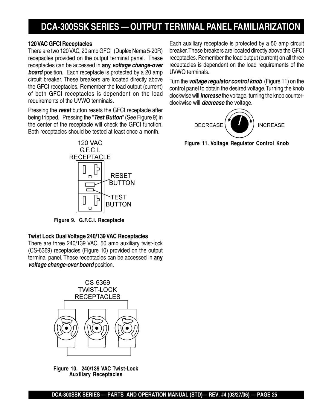 Multiquip DCA-300SSK manual 120VAC Gfci Receptacles, Voltage Regulator Control Knob 