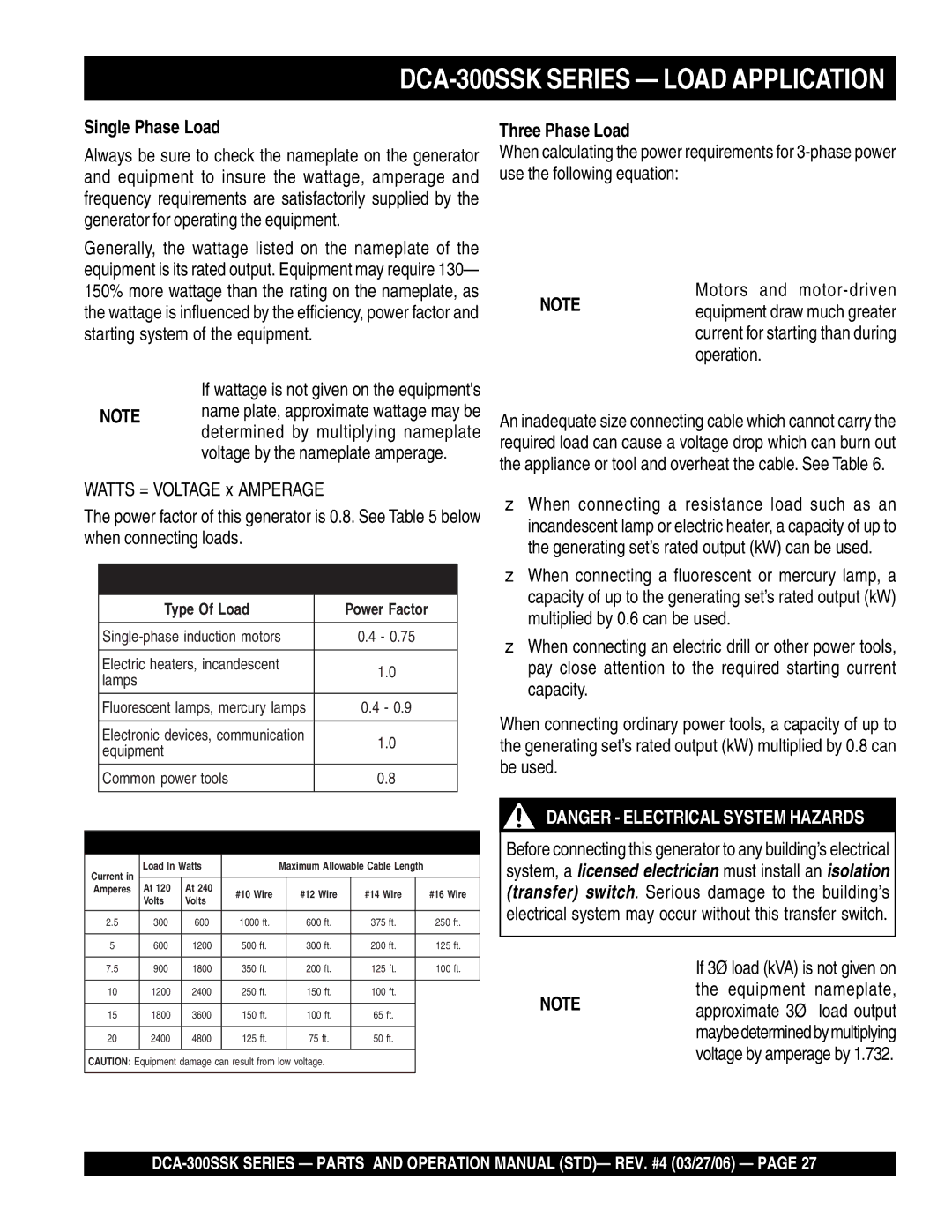 Multiquip manual DCA-300SSK Series Load Application, Single Phase Load, Three Phase Load 