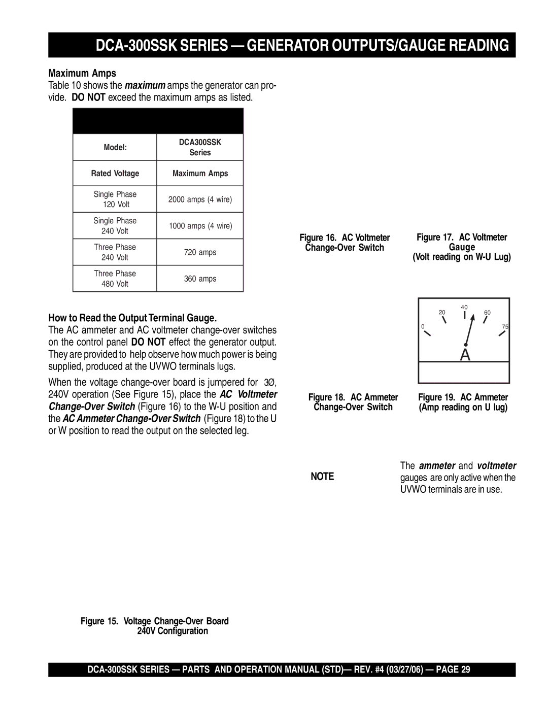 Multiquip manual DCA-300SSK Series Generator OUTPUTS/GAUGE Reading, Maximum Amps, How to Read the Output Terminal Gauge 