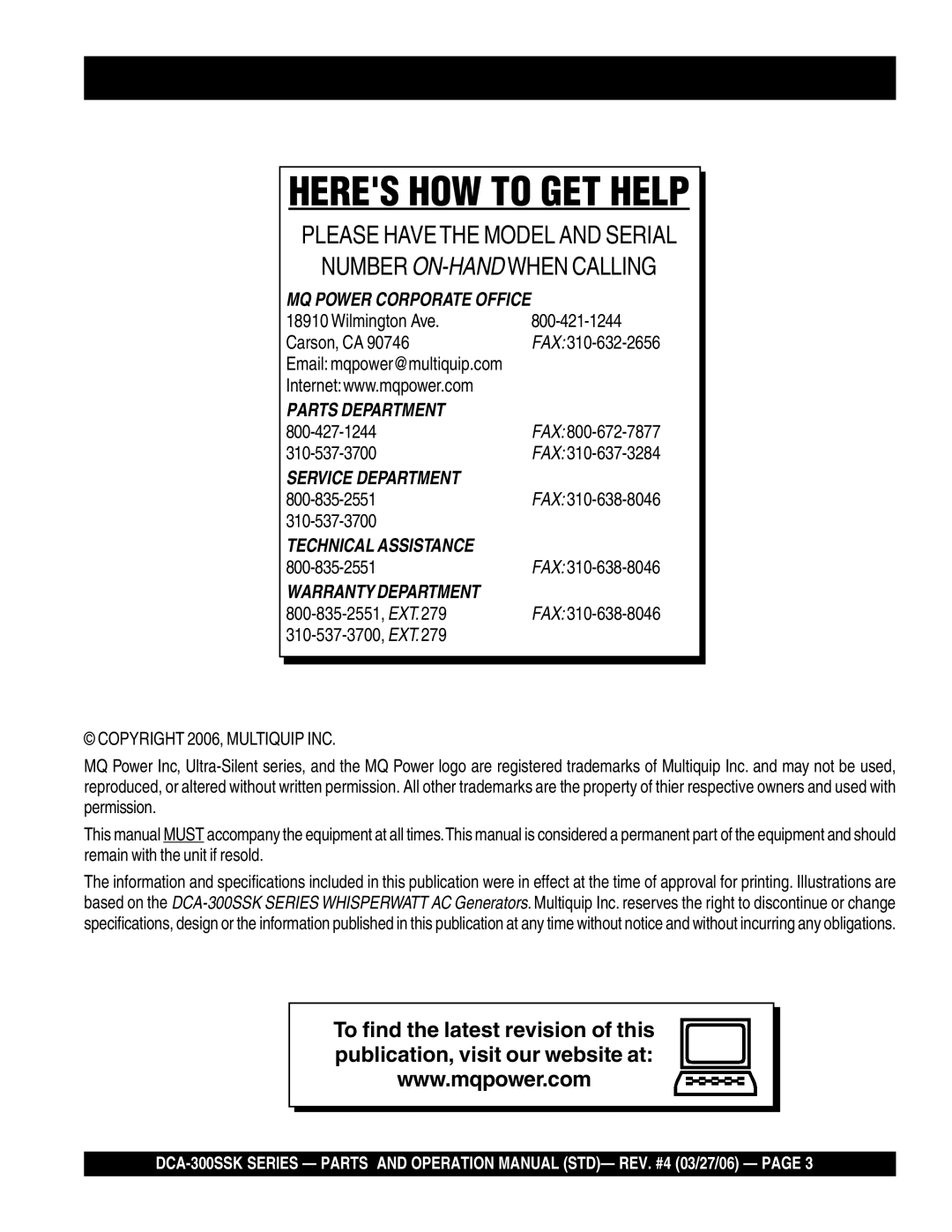 Multiquip DCA-300SSK manual Heres HOW to GET Help 