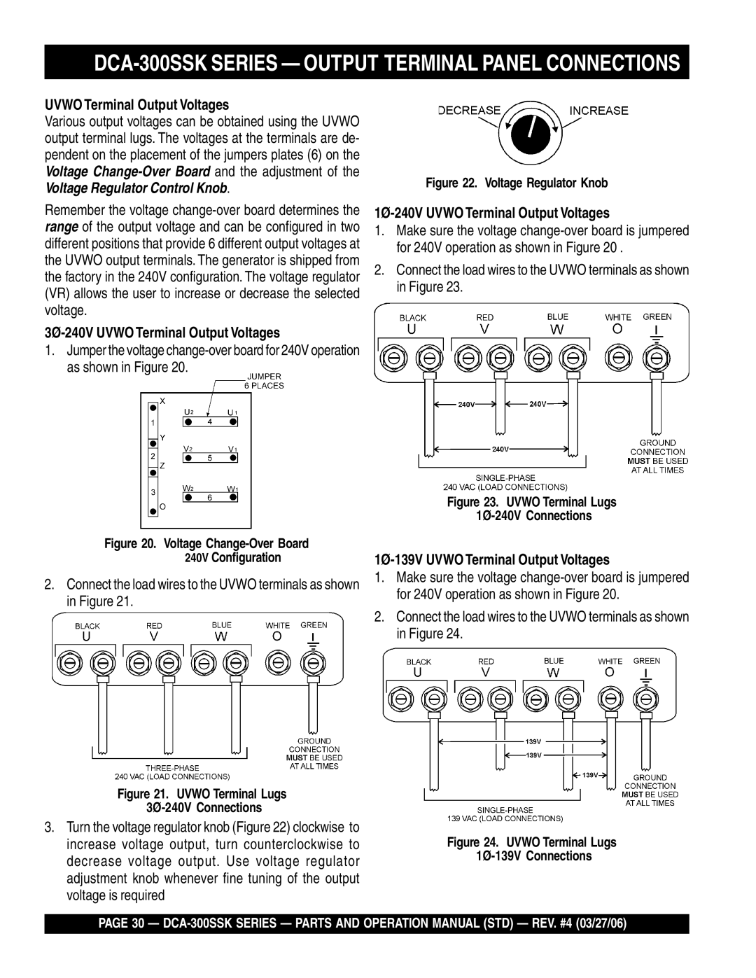 Multiquip manual DCA-300SSK Series Output Terminal Panel Connections, Uvwo Terminal Output Voltages 