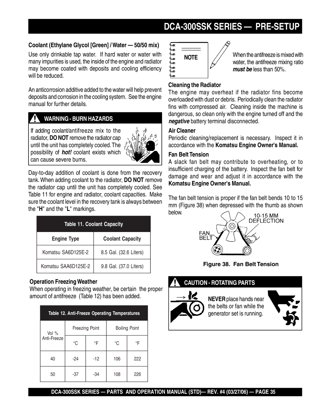 Multiquip manual DCA-300SSK Series PRE-SETUP, Must be less than 50%, Cleaning the Radiator, Air Cleaner Fan Belt Tension 