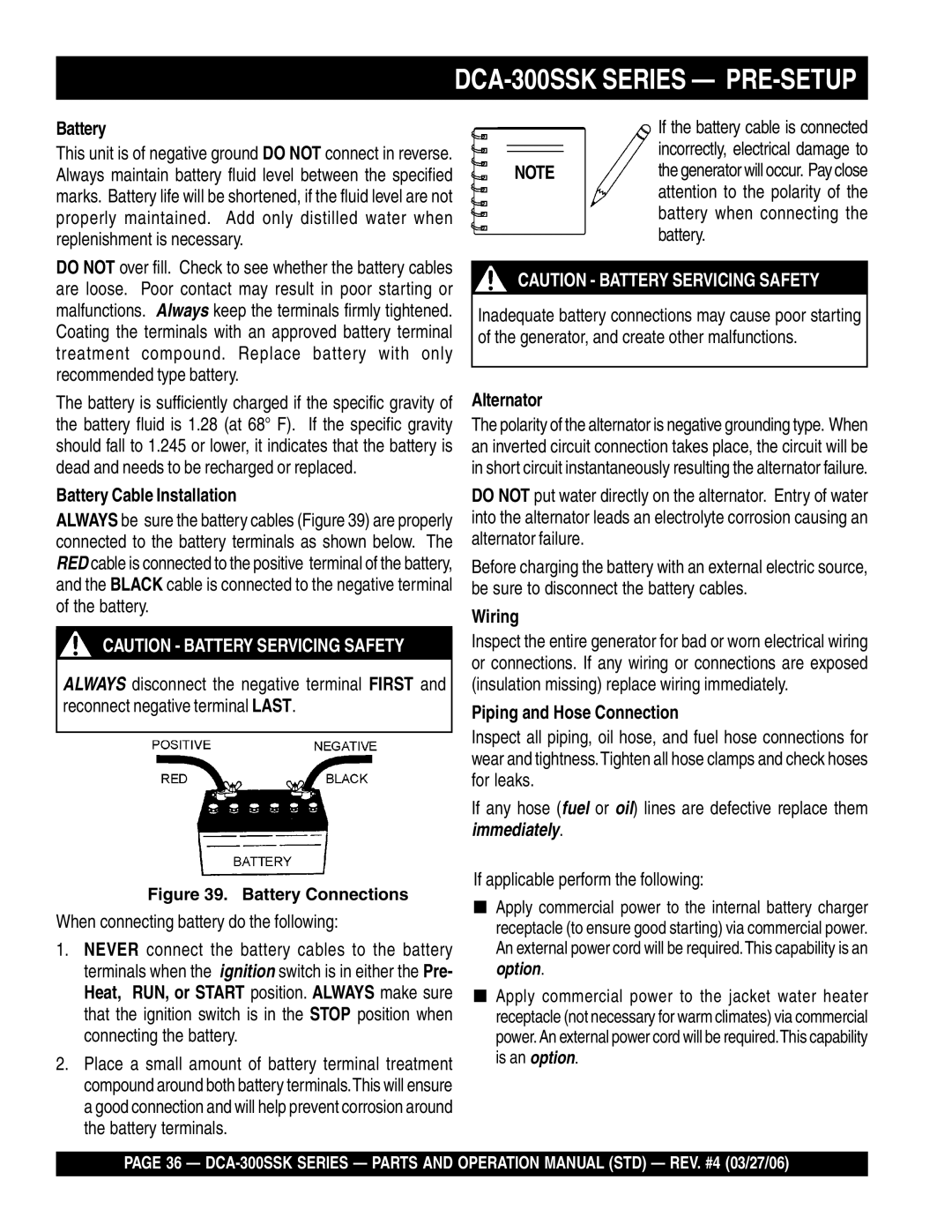 Multiquip DCA-300SSK manual Battery Cable Installation, Alternator, Wiring, Piping and Hose Connection 