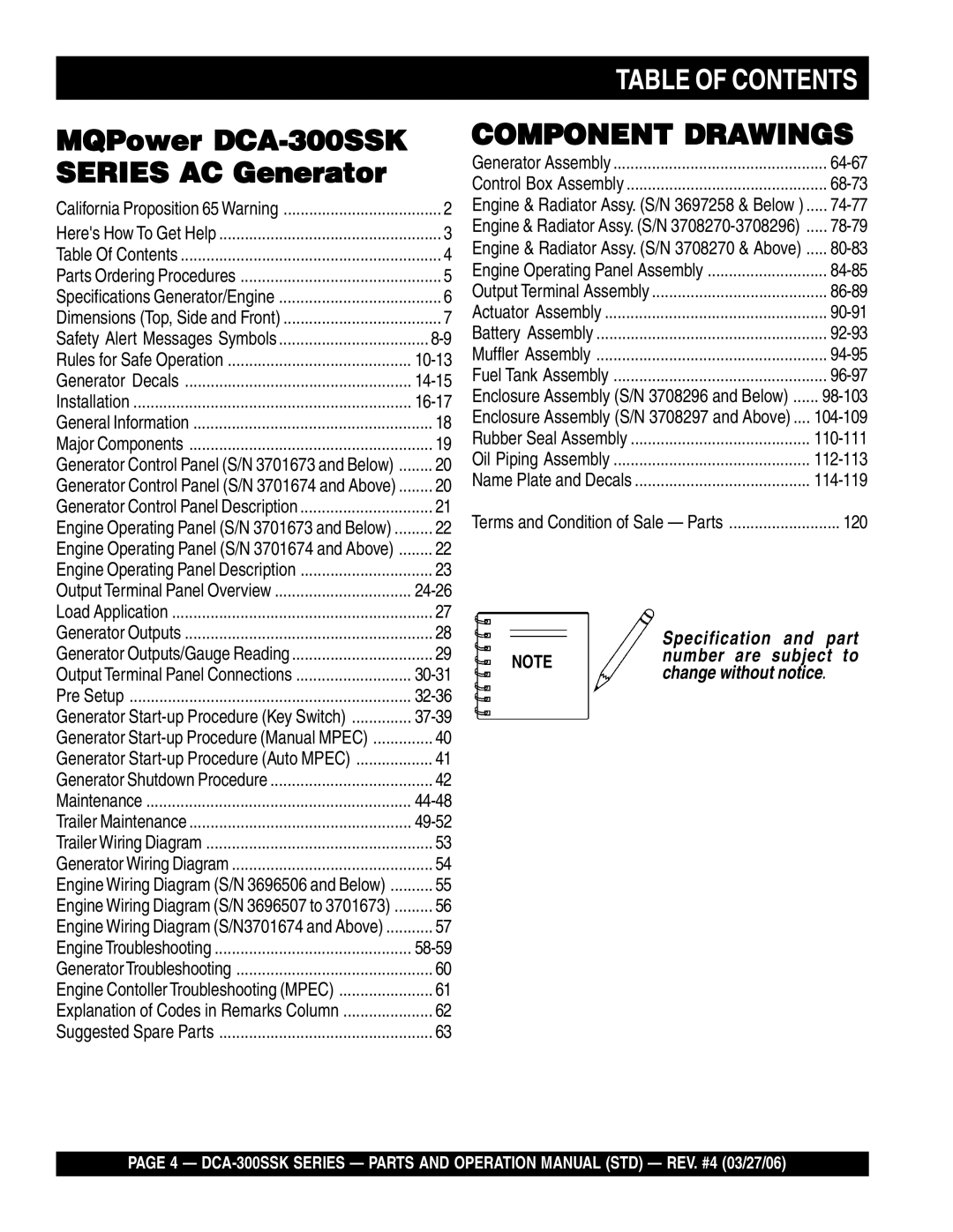 Multiquip DCA-300SSK manual Table of Contents 