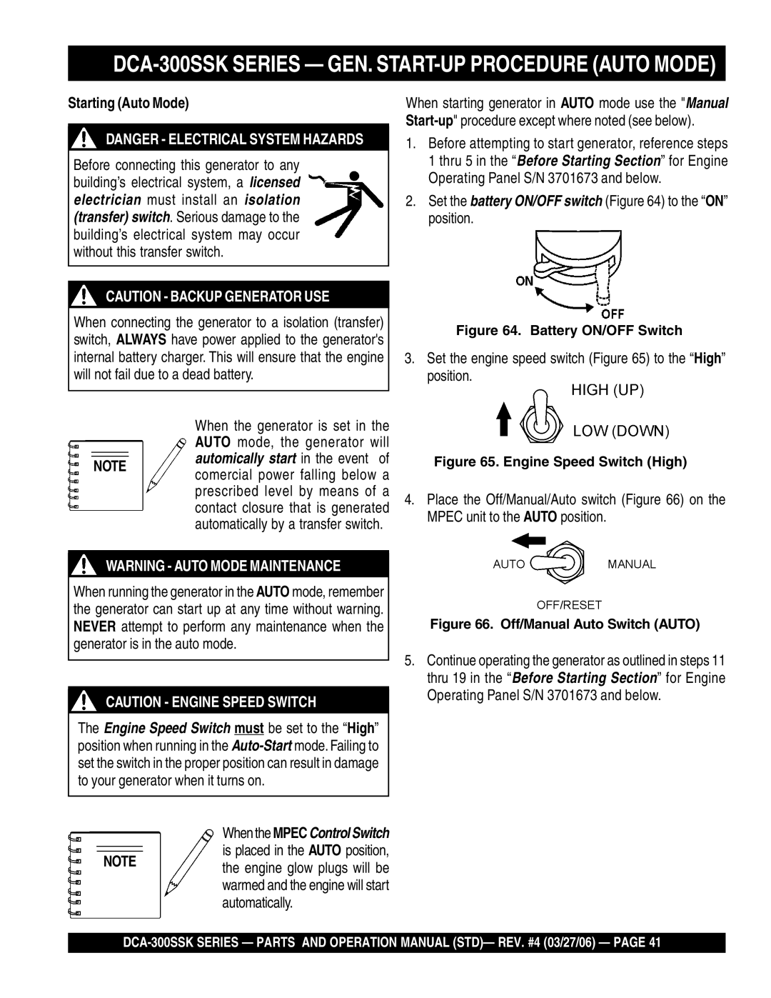 Multiquip manual DCA-300SSK Series GEN. START-UP Procedure Auto Mode, Starting Auto Mode 