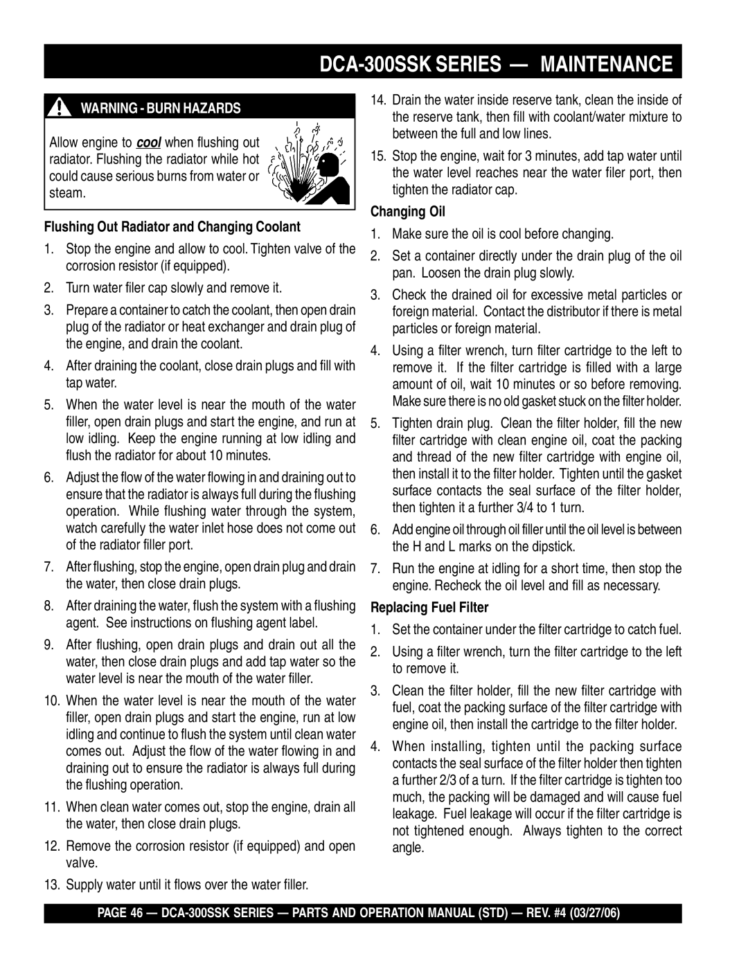 Multiquip DCA-300SSK manual Flushing Out Radiator and Changing Coolant, Changing Oil, Replacing Fuel Filter 