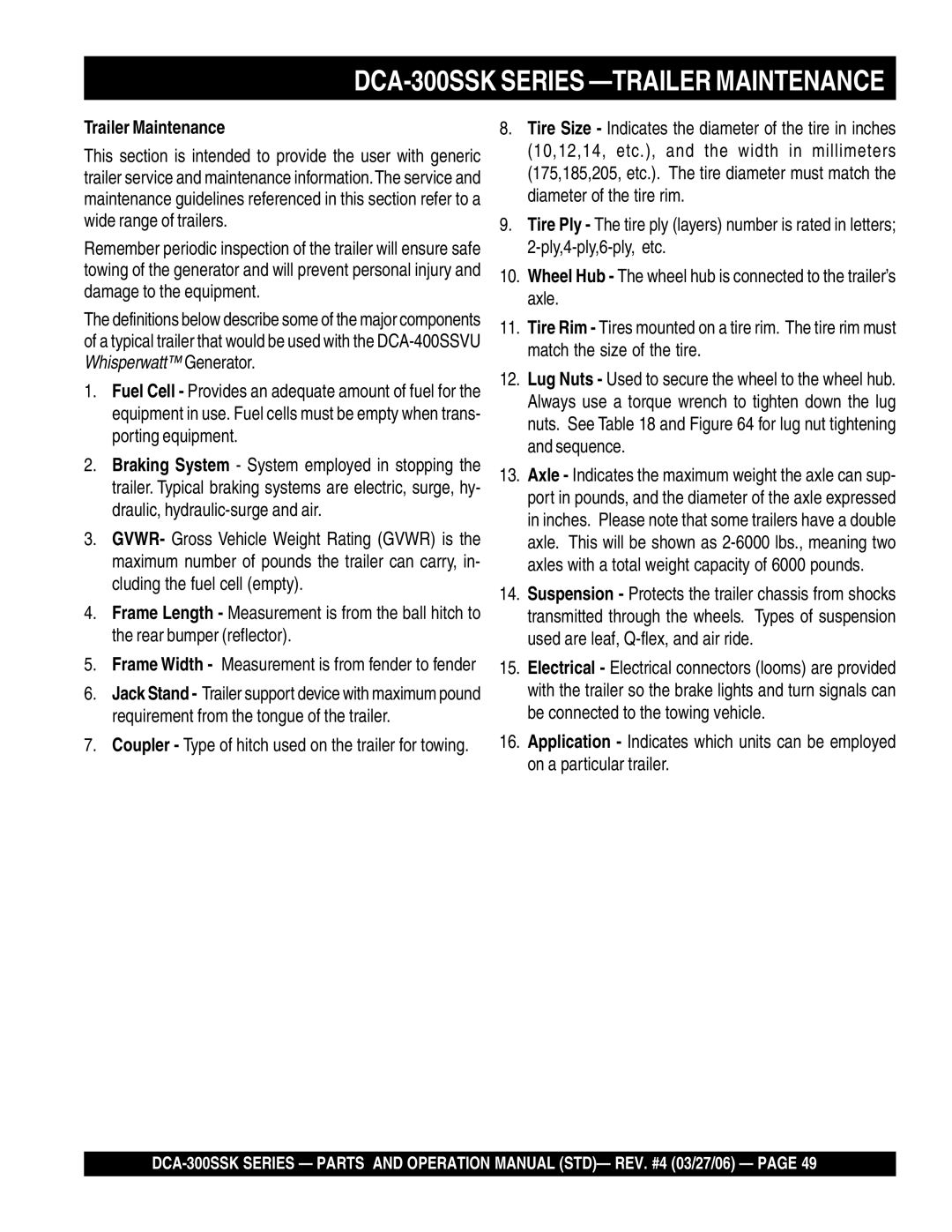 Multiquip manual DCA-300SSK Series -TRAILER Maintenance, Trailer Maintenance 