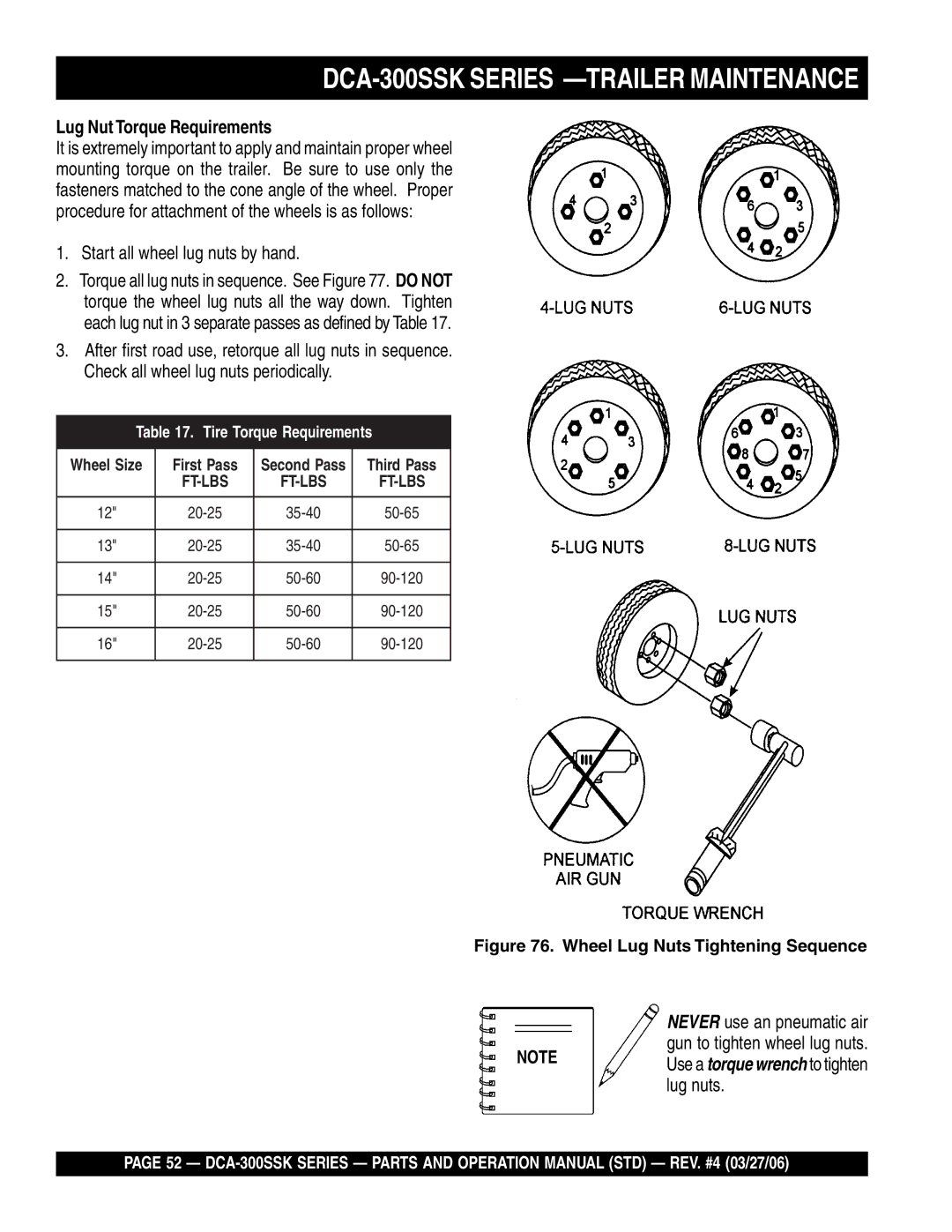 Multiquip manual DCA-300SSK Series -TRAILER Maintenance, Lug Nut Torque Requirements 