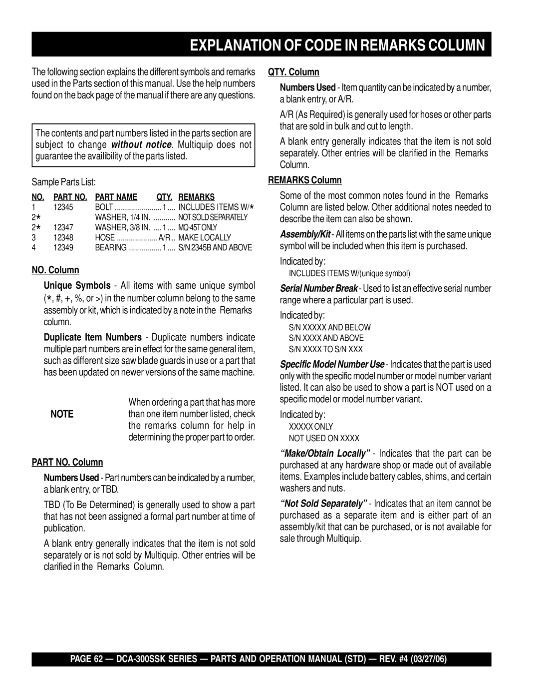 Multiquip DCA-300SSK manual Explanation of Code in Remarks Column, Sample Parts List 