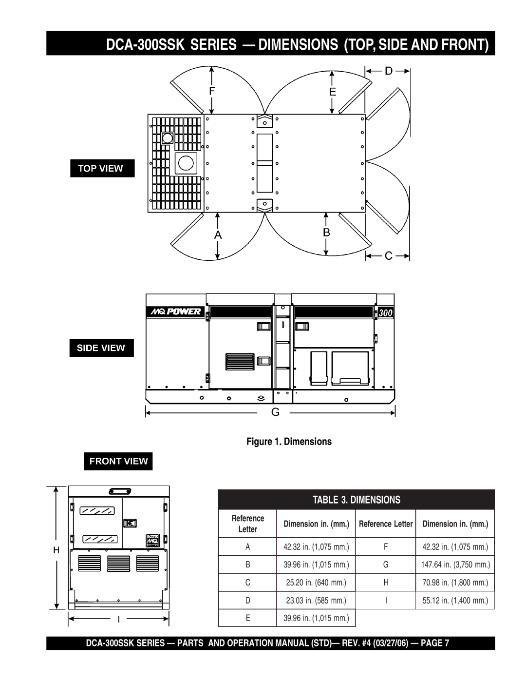 Multiquip manual DCA-300SSK Series Dimensions TOP, Side and Front 