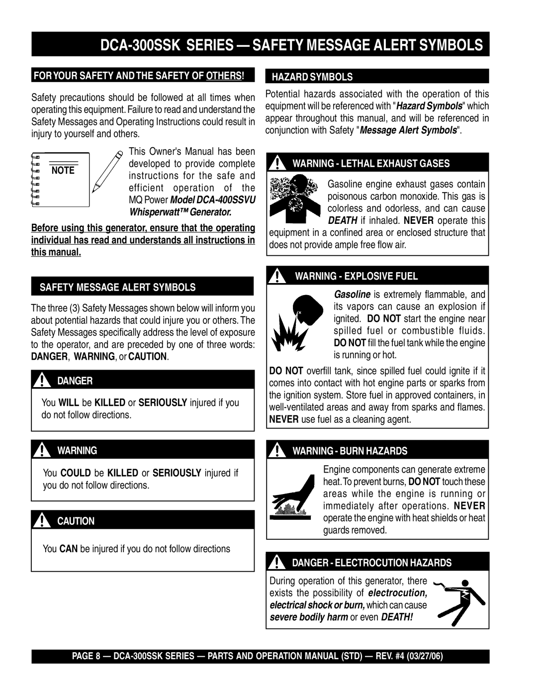 Multiquip manual DCA-300SSK Series Safety Message Alert Symbols, Hazard Symbols 