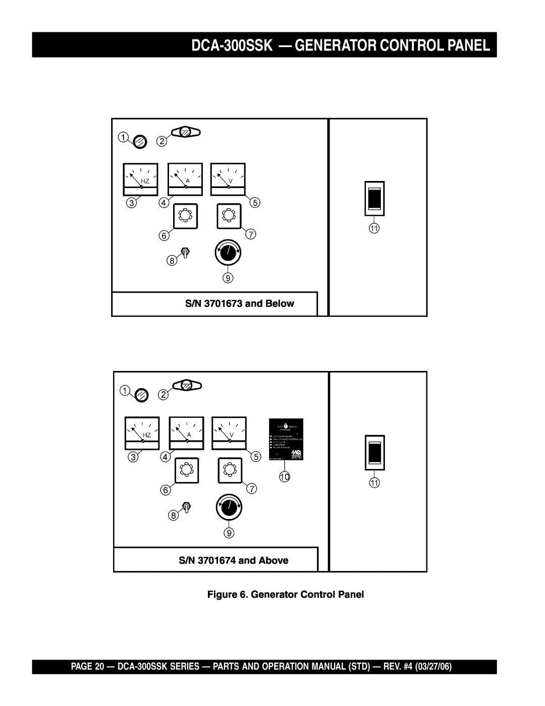 Multiquip DCA-300SSK - GENERATOR CONTROL PANEL, S/N 3701673 and Below S/N 3701674 and Above, Generator Control Panel 